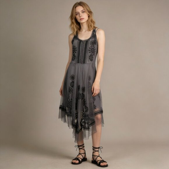 Johnny Was Dresses & Skirts - NWOT Johnny Was Biya Floral Mesh Embroidered Irregular Midi Dress Grey Size S